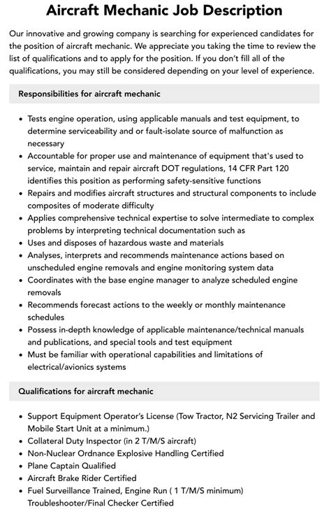 Airplane Mechanic Job Description