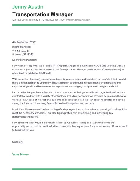 Best Transportation Manager Cover Letter Example For 2023 Best Transportation Manager Cover Letter Example For 2023