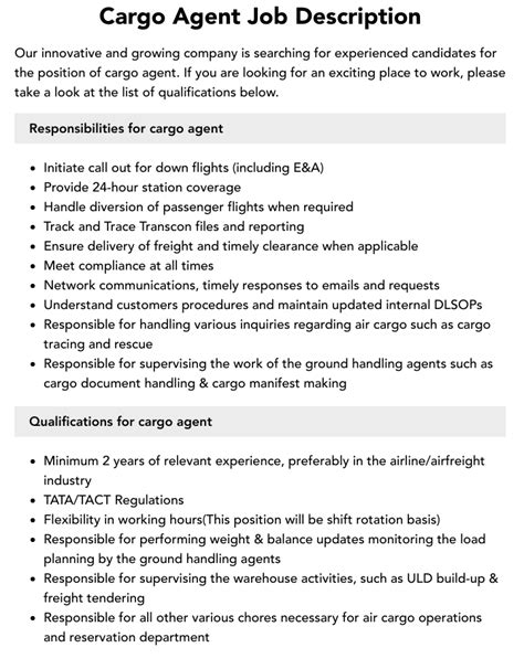 Cargo Agent Job Description Velvet Jobs Cargo Agent Job Description Velvet Jobs