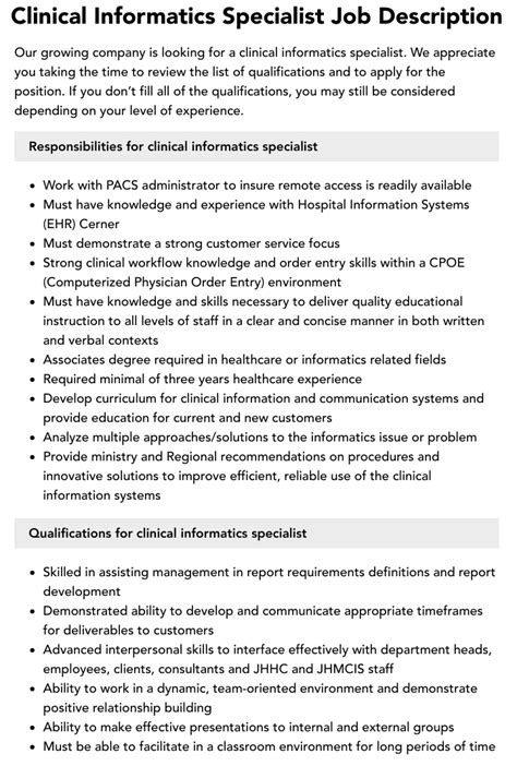 Clinical Informatics Specialist Job Description And Guide Clinical Informatics Specialist Job Description And Guide