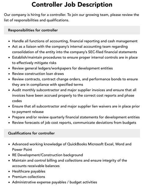 Controller Job Description Template Prntbl Concejomunicipaldechinu Gov Co Controller Job Description Template Prntbl Concejomunicipaldechinu Gov Co