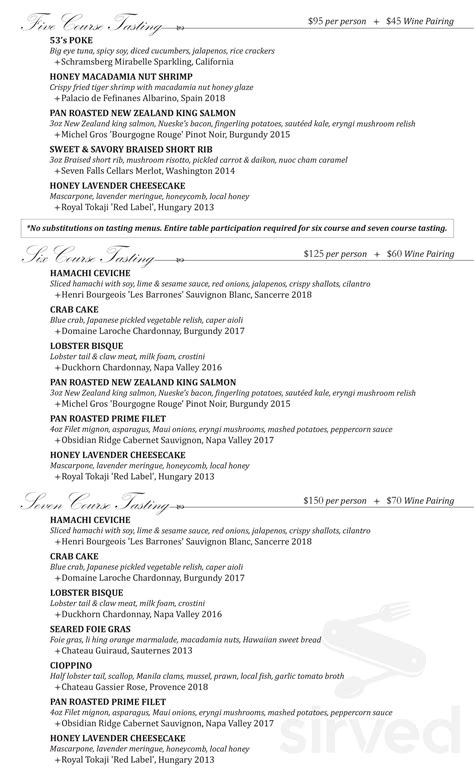 Dinner Menu 53 By The Sea Dinner Menu 53 By The Sea
