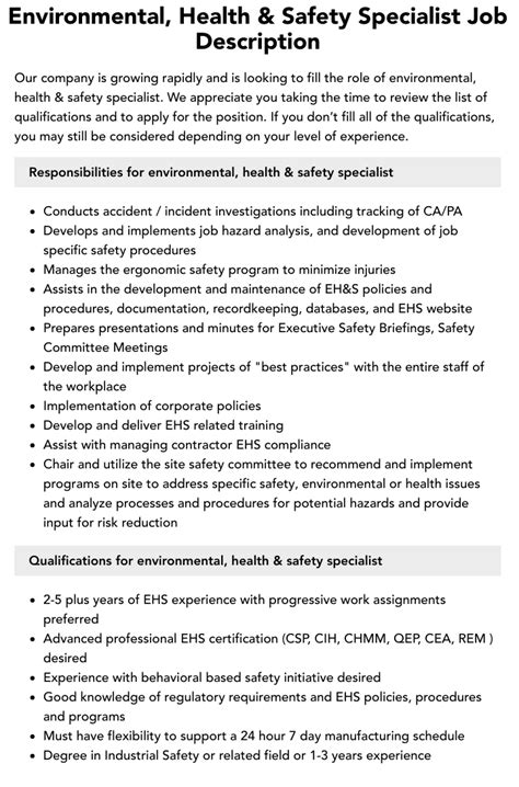 Environmental Health Safety Specialist Job Description Velvet Jobs