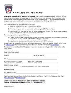 Fillable Online Krva Player Waiver Form Fax Email Print Pdffiller Fillable Online Krva Player Waiver Form Fax Email Print Pdffiller