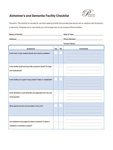 Fillable Online Petersenhealthcare Alzheimer S And Dementia Facility Fillable Online Petersenhealthcare Alzheimer S And Dementia Facility
