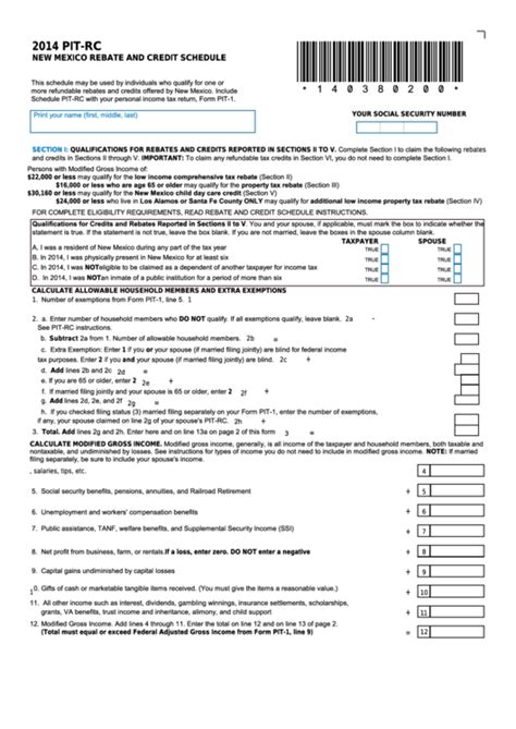 Form Pit Rc New Mexico Rebate And Credit Schedule 2014 Printable Form Pit Rc New Mexico Rebate And Credit Schedule 2014 Printable
