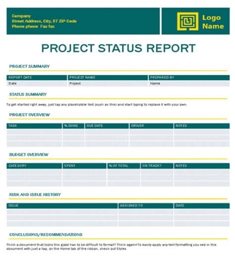 Free Project Status Report Template Free Project Status Report Template