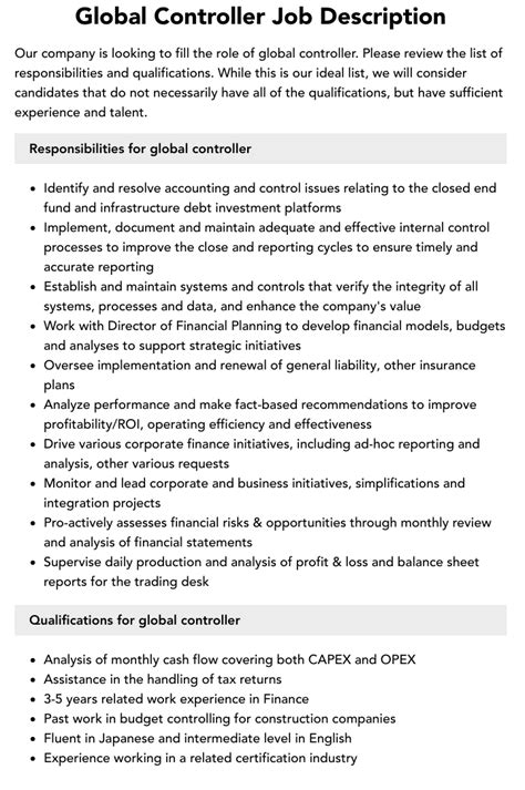 Global Controller Job Description Velvet Jobs Global Controller Job Description Velvet Jobs