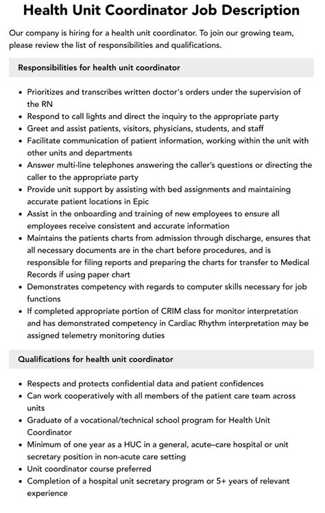 Health Unit Coordinator Key Skills And Job Description Guide Health Unit Coordinator Key Skills And Job Description Guide