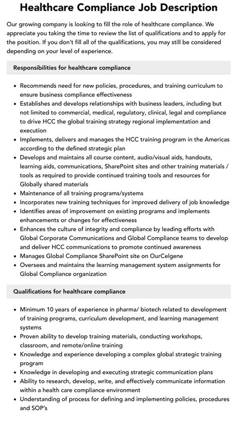 Healthcare Compliance Job Description Velvet Jobs Healthcare Compliance Job Description Velvet Jobs