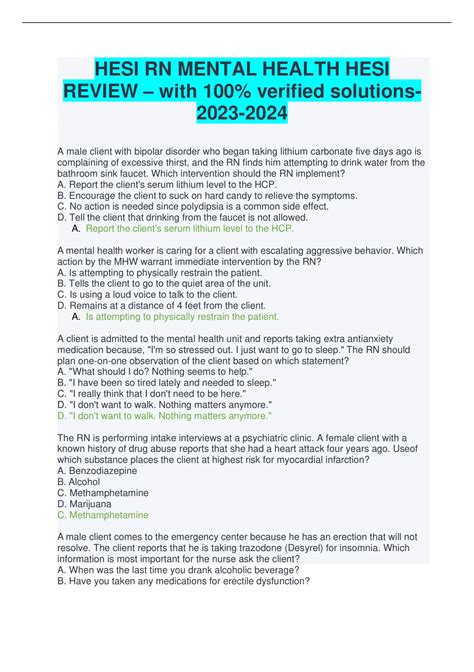 Hesi Rn Mental Health Hesi Review - With 100% Verified Solutions ... Hesi Rn Mental Health Hesi Review - With 100% Verified Solutions ...