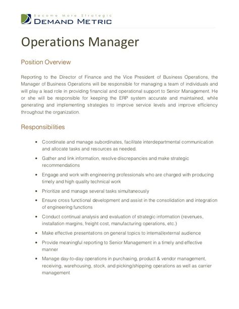 Job Description Marine Operations Manager Job Description Marine Operations Manager