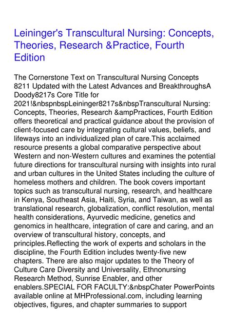 Leininger S Transcultural Nursing Concepts Theories Research And Leininger S Transcultural Nursing Concepts Theories Research And