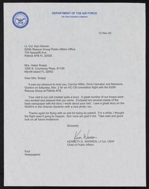 Letter From Department Of The Air Force To Helen Snapp November 12