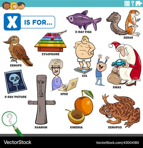 Letter X Words Educational Set With Cartoon Vector Image Letter X Words Educational Set With Cartoon Vector Image