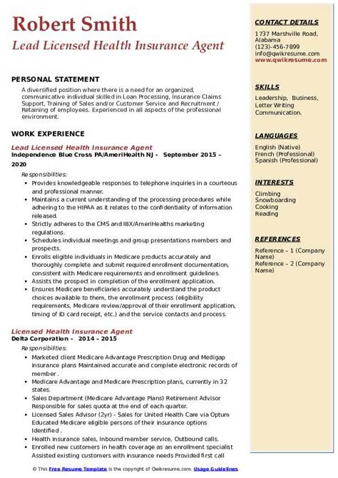 Licensed Health Insurance Agent Resume Samples Qwikresume