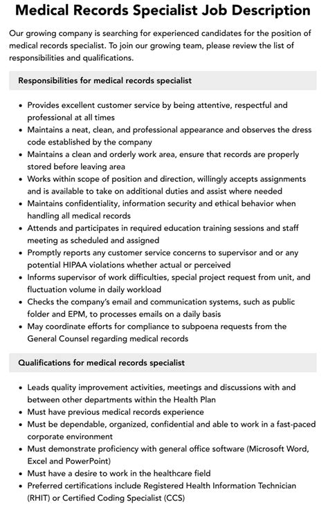 Medical Records Specialist Job Description Velvet Jobs Medical Records Specialist Job Description Velvet Jobs