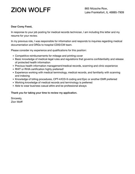 Medical Records Technician Cover Letter Velvet Jobs Medical Records Technician Cover Letter Velvet Jobs