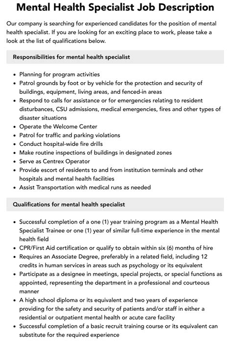 Mental Health Specialist Job Description Velvet Jobs Mental Health Specialist Job Description Velvet Jobs