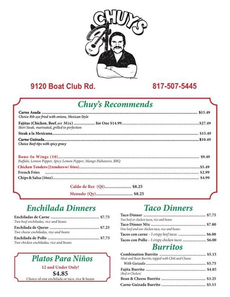 Menu At Chuy S Mexican Restaurant Fort Worth Boat Club Rd Menu At Chuy S Mexican Restaurant Fort Worth Boat Club Rd