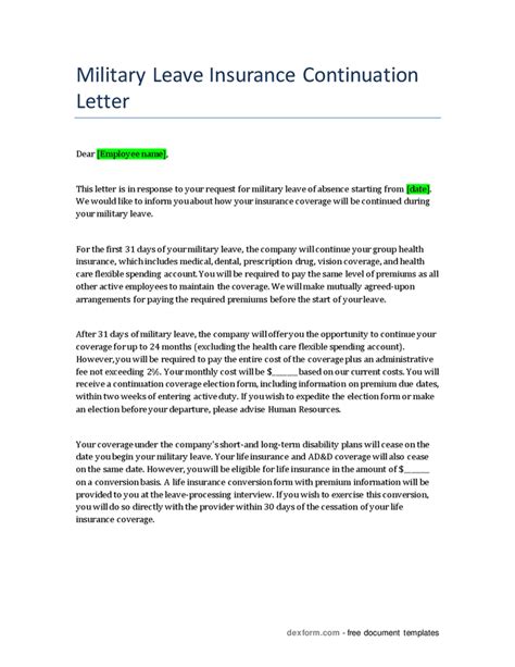 Military Leave Insurance Continuation Letter In Word And Pdf Formats Military Leave Insurance Continuation Letter In Word And Pdf Formats