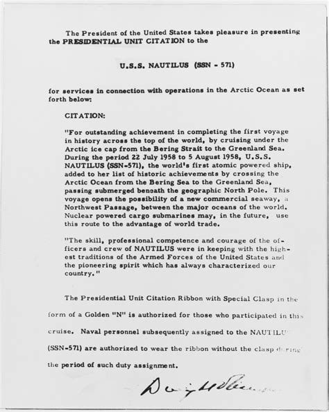 Nh 115433 Presidential Unit Citation For Uss Nautilus Ssn 571 1958 Nh 115433 Presidential Unit Citation For Uss Nautilus Ssn 571 1958