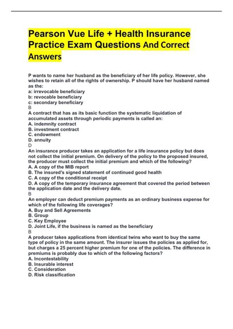 Pearson Vue Life Health Insurance Practice Exam Questions And Correct Pearson Vue Life Health Insurance Practice Exam Questions And Correct