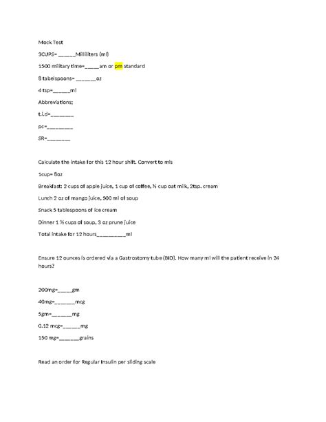Pn 114 Mock Test Mock Test 3Cups Milliliters Ml 1500 Military Time