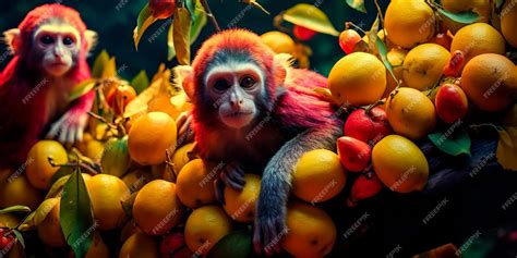 Premium Ai Image Exotic Monkeys Stealing Fruit In A Tropical Jungle Premium Ai Image Exotic Monkeys Stealing Fruit In A Tropical Jungle