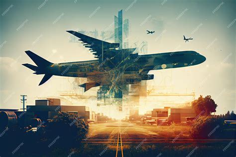 Premium Photo Aviaton Industry Double Exposure With Planes Landing Premium Photo Aviaton Industry Double Exposure With Planes Landing