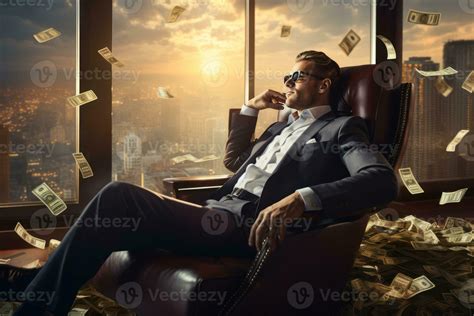 Rico Hombre En Pie En Su Oficina Con Montones De Dinero Generativo Ai Rico Hombre En Pie En Su Oficina Con Montones De Dinero Generativo Ai