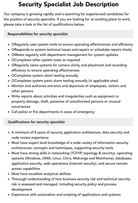 Security Specialist Job Description Velvet Jobs Security Specialist Job Description Velvet Jobs
