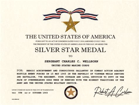 Silver Star Medal Certificate Silver Star Medal Certificate