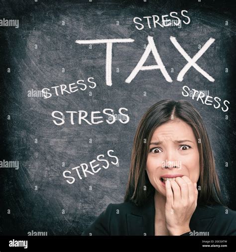 Tax Season Stress Stressed Asian Woman Biting Nails Anxious Late To Tax Season Stress Stressed Asian Woman Biting Nails Anxious Late To