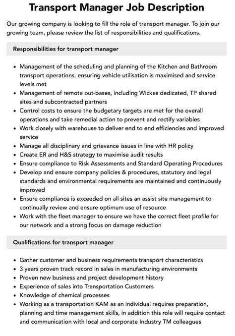 Transport Manager Job Responsibilities
