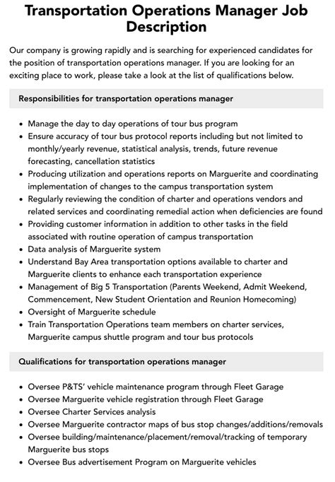 Transportation Operations Manager Job Description Duties And Transportation Operations Manager Job Description Duties And
