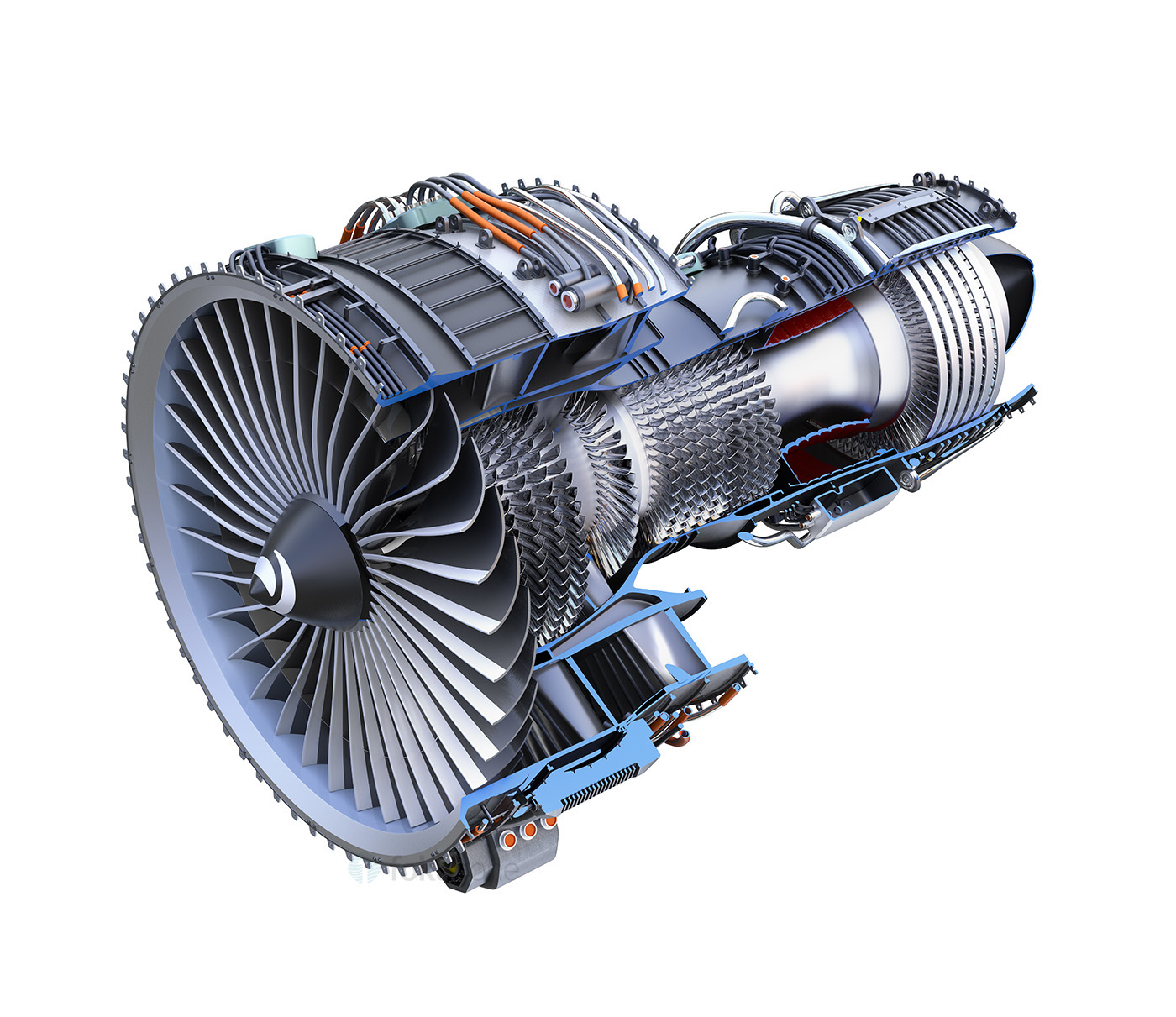 Turbofan Jet Engine S Cross Section Frame Isolated On Blue Background Turbofan Jet Engine S Cross Section Frame Isolated On Blue Background