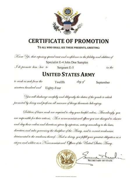 United States Army Officers Promotion Certificate 8 5X11 Military United States Army Officers Promotion Certificate 8 5X11 Military