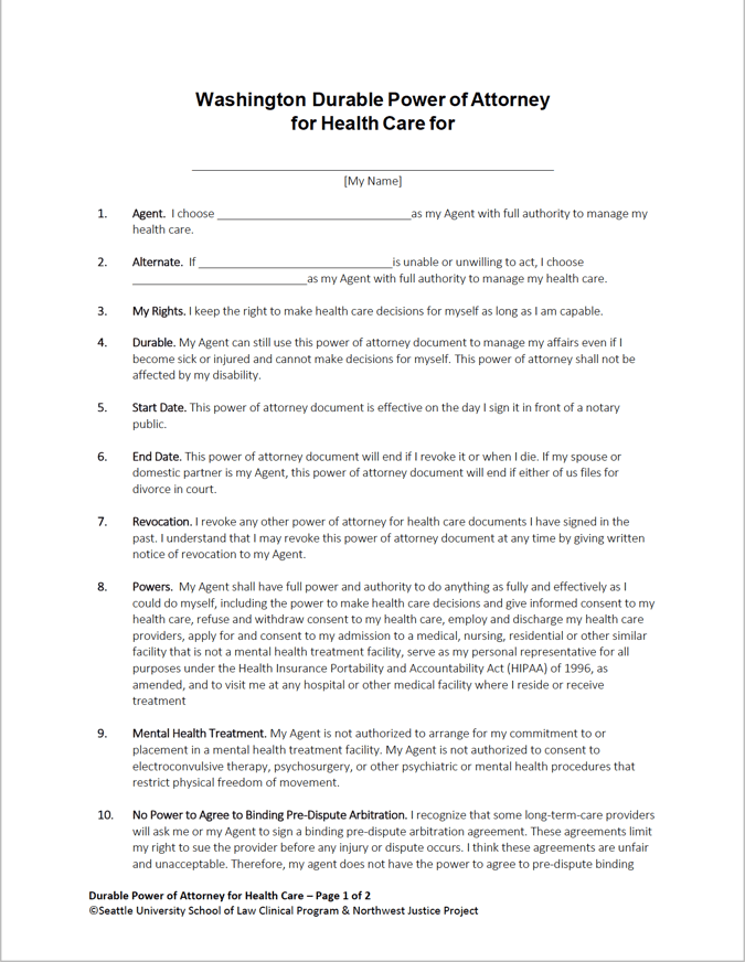 Washington Durable Power Of Attorney For Health Care Medical Power Of Washington Durable Power Of Attorney For Health Care Medical Power Of